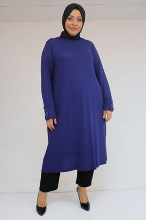 58115 Büyük Beden Kolunda Beyoğlu Detaylı Çilek Tunik - İndigo
