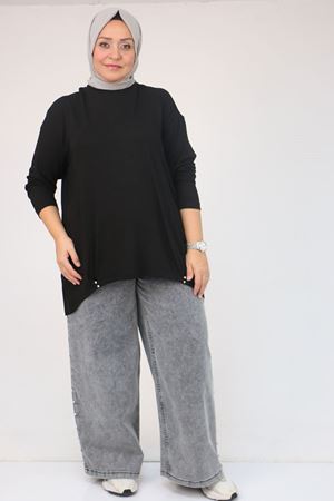 58121 Büyük Beden Yanları Biyeli Çilek Tunik - Siyah