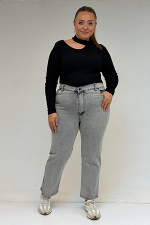 9185-4 Büyük Beden Taşlamalı Boru Paça  Kot Pantolon -Kar Yıkama Gri