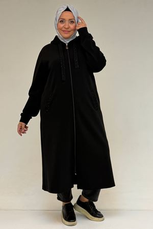 53067 Büyük Beden Kapşonlu Çelik Ceket - Siyah