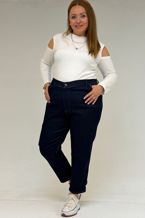 59045 Büyük Beden Paçası Taş Detaylı Boyfriend Kot Pantolon - Koyu Lacivert