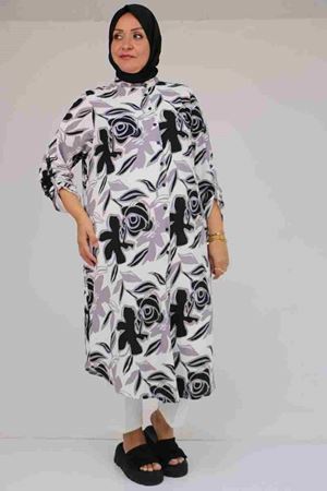 58097 Büyük Beden Desenli Bürümcük Düğmeli Gömlek - Gri-Siyah