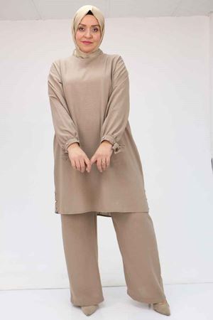 57013 Büyük Beden Kol Manşeti Ve Yırtmacı Taşlı Keten Pantolonlu Takım - Vizon