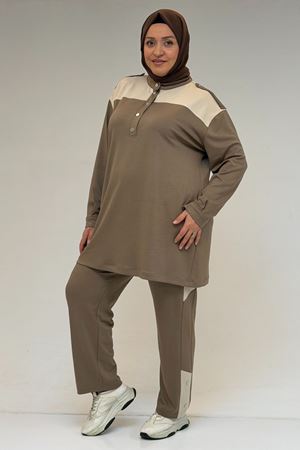 57042 Büyük Beden Yarım Patlı Çıtçıtlı Modal Pantolonlu Takım - Vizon