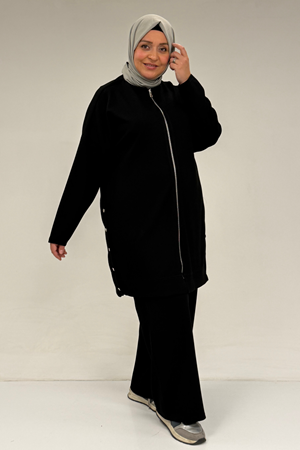 47090 Büyük Beden Pile Detaylı Modal Pantolonlu Takım - Siyah