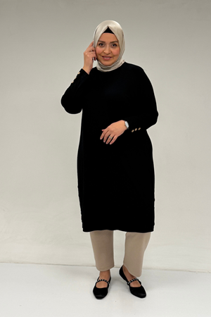 38015  Büyük Beden Düğme Detaylı Penye Tunik - Siyah