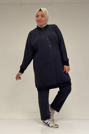47088 Büyük Beden Omzu Taş Detaylı Pantolonlu Takım - Lacivert