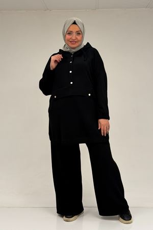 47089 Büyük Beden Yarım Patlı Kapşonlu Pantolonlu Modal Takım - Siyah