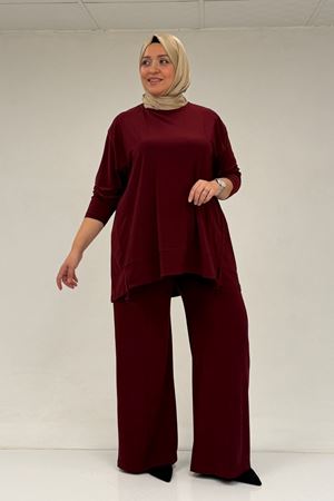 67033 Büyük Beden  Etek Ucu Parçalı Sandy Pantolonlu Takım - Bordo
