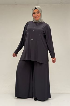 67030 Büyük Beden Yanı Yırtmaçlı Sandy Pantolonlu Takım - Antrasit