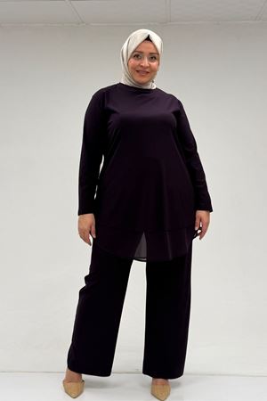 67009 Büyük Beden Etek Ucu Şifon Detaylı Sandy Pantolonlu Takım - Mor