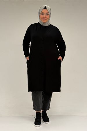 63005 Büyük Beden Kaplama Düğme Detaylı Penye Ceket - Siyah