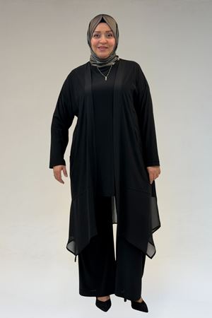 67302 Büyük Beden Üçlü Sandy - Şifon Pantolonlu Takım - Siyah