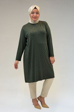 68001 Büyük Beden Önü Taş Baskı Detaylı Penye Tunik - Haki