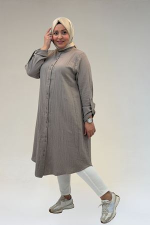 58092 Büyük Beden Çift Düğme Detaylı Müslin Gömlek - Vizon