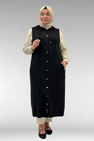 34001 Büyük Beden Çıtçıtlı Kapüşonlu Penye Yelek - Siyah