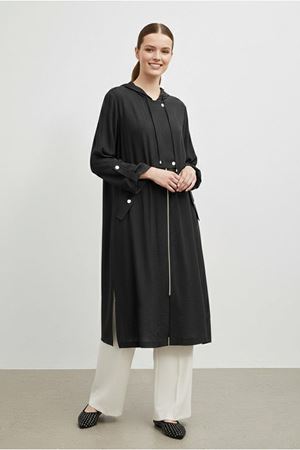 26Y7232 - SİYAH - KAPÜŞONLU KOLU KATLAMALI KAP 