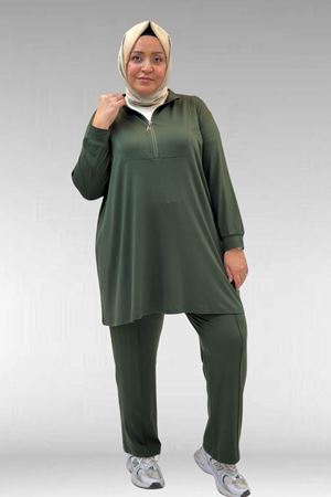 67014 Büyük Beden Parçalı Yakalı Fermuarlı Pantolonlu Penye Takım - Haki