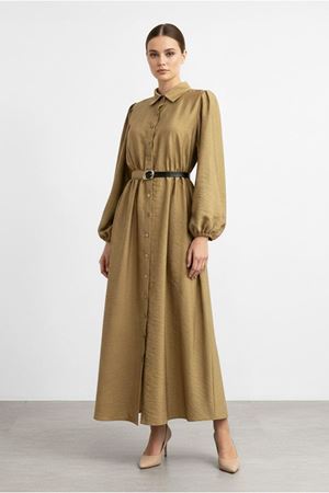 26Y7434 - VİZON - KEMERLİ PARAŞÜT ELBİSE