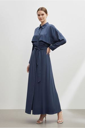 26Y7426 - LACİVERT - KAT DETAY KUŞAKLI ELBİSE 