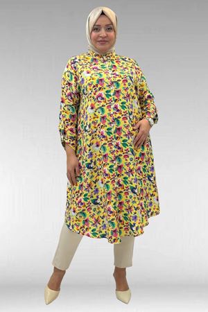 68014 Büyük Beden Hakimyaka Çift Düğmeli Mango Tunik - Desenli Sarı