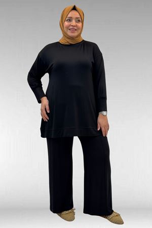 67007 Büyük Beden Kol Ve Etek Ucu Kendinden Ribanalı Pantolonlu Takım - Siyah