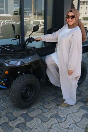 F-57026 Büyük Beden Mostralı Pantolonlu Etamin Takım - Bej