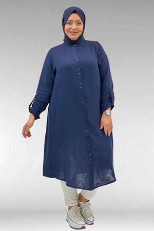 58092 Büyük Beden Çift Düğme Detaylı Müslin Gömlek - Lacivert