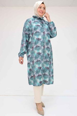 58028 Büyük Beden Yaka Fırfırlı Jesica Tunik - Yaprak Desen Mint