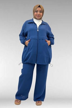 67016 Büyük Beden Kol Ve Etek Ucu Lastik Detaylı Müslin Pantolonlu Takım - İndigo