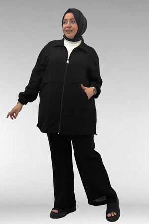 67016 Büyük Beden Kol Ve Etek Ucu Lastik Detaylı Müslin Pantolonlu Takım - Siyah