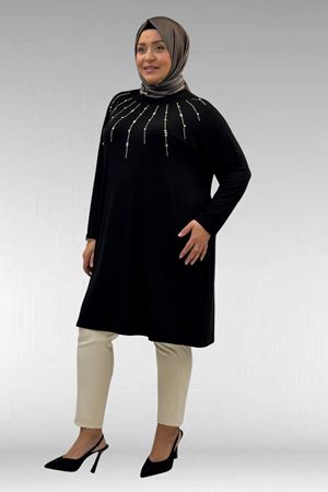 68002 Büyük Beden Önü Güneş Parıltılı Taş Baskılı Penye Tunik - Siyah