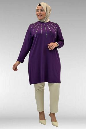 68002 Büyük Beden Önü Güneş Parıltılı Taş Baskılı Penye Tunik - Mürdüm