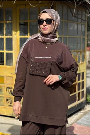 26Y7056 - KAHVE - FERMUARLI CEP DETAY TUNİK 