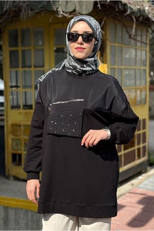 26Y7056 - SİYAH - FERMUARLI CEP DETAY TUNİK 
