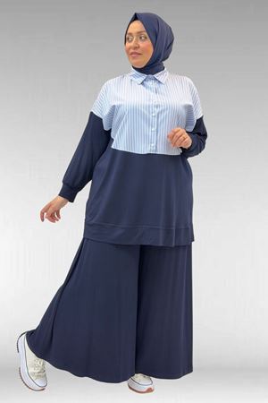 57016  Büyük Beden Erkek Yaka Kombinli Pantolonlu Takım - Lacivert-Mavi