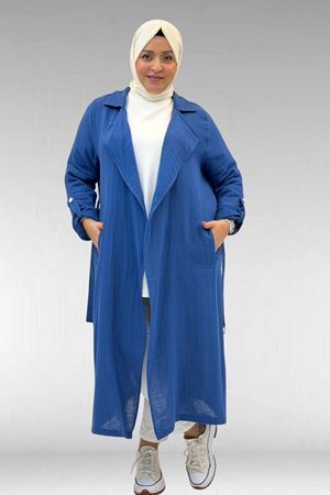 63006  Büyük Beden D Halka Detaylı Müslin Trençkot - İndigo