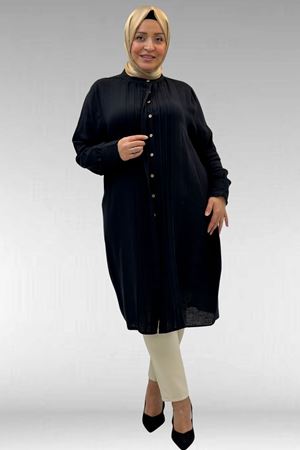 68022 Büyük Beden Boydan Pile Detaylı Müslin Gömlek - Siyah