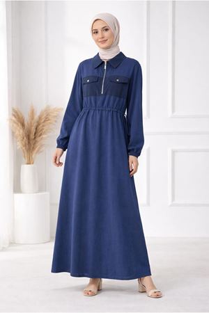26Y7422 - LACİVERT - BELİ BÜZGÜ DETAY ELBİSE