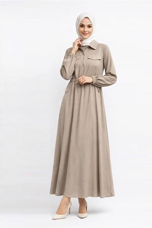 26Y7422 - VİZON - BELİ BÜZGÜ DETAY ELBİSE