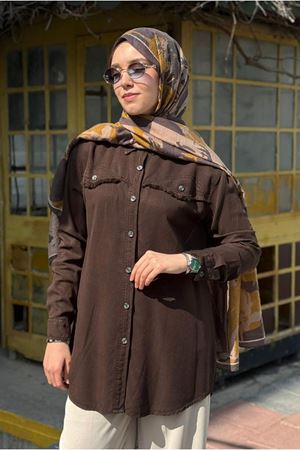 26Y7096 -  KAHVE - PÜSKÜL CEP DETAY MODAL GÖMLEK