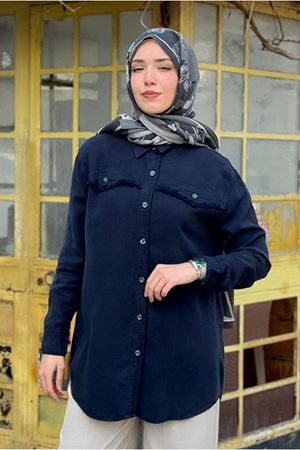 26Y7096 -  LACİVERT - PÜSKÜL CEP DETAY MODAL GÖMLEK 