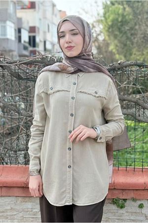 26Y7096 -  VİZON - PÜSKÜL CEP DETAY TENCEL GÖMLEK