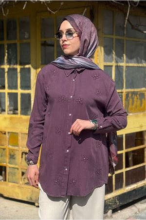 26Y7094 - MÜRDÜM - ÇİÇEK TAŞLI MODAL GÖMLEK 