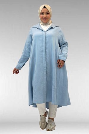 58093 Büyük Beden Mevlana Kesim Müslin Gömlek - Bebe Mavi