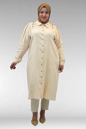68021 Büyük Beden Düğme Detaylı Müslin Gömlek - Krem