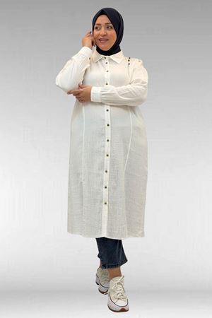 68021 Büyük Beden Düğme Detaylı Müslin Gömlek - Ekru
