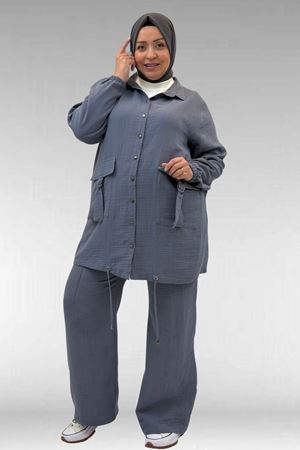 67015 Büyük Beden Cepleri D Toka Detaylı Müslin Pantolonlu Takım - Antrasit