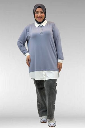 68028 Büyük Beden Kombinli -Manşetli Penye Tunik - Gri