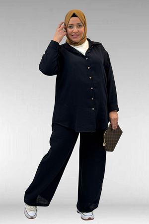 67038 Büyük Beden Erkek Yakalı Müslin Pantolonlu Takım - Siyah